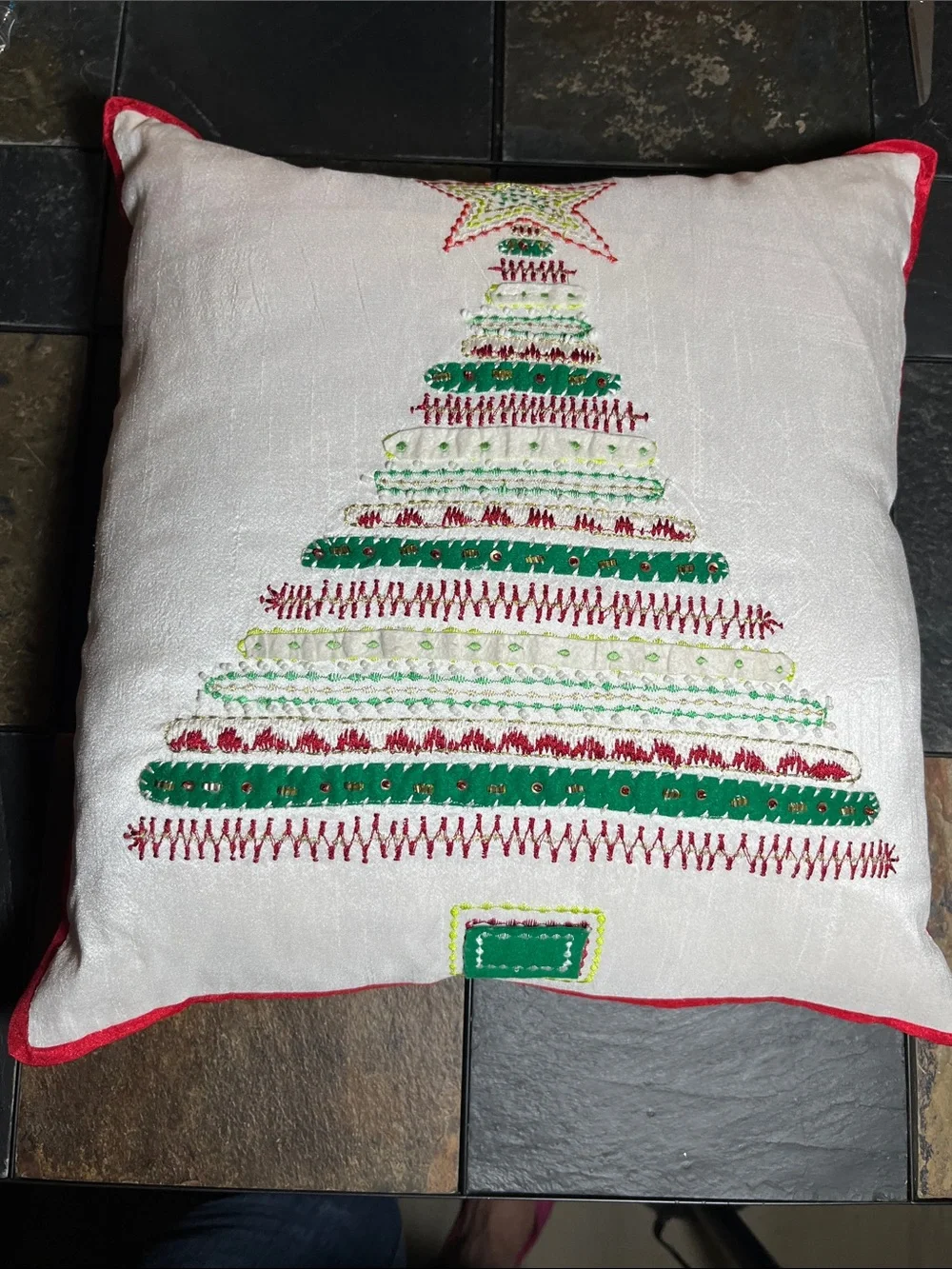 Star of Wonder Festive Embroidered & Beaded Tree Pillow - White, Green & Red